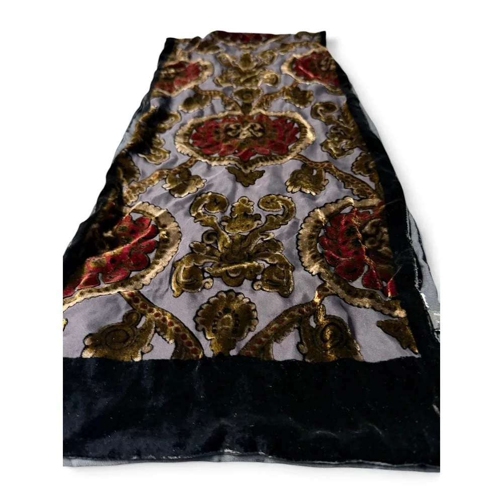 Burnout Velvet Damask Scarf  Italy Silk Black Gold Burgundy Boho Fall Goth
